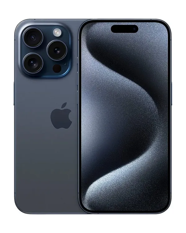 iPhone 15 Pro en titanio azul, vista frontal y trasera